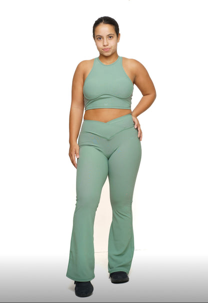 Everyday Crossover Flared Leggings - Sage Green